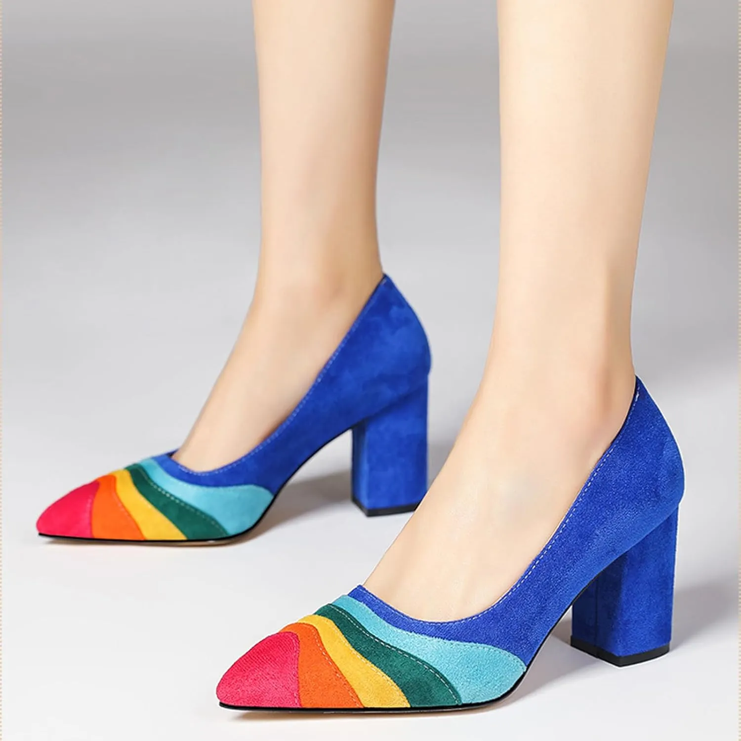 Women's Pointed Toe Rainbow Suede Pumps,Fashion Stitching Color Slip On Closed Toe Comfort Chunky Heeled Office Party Dress High Heel Shoes Classic Stilettos