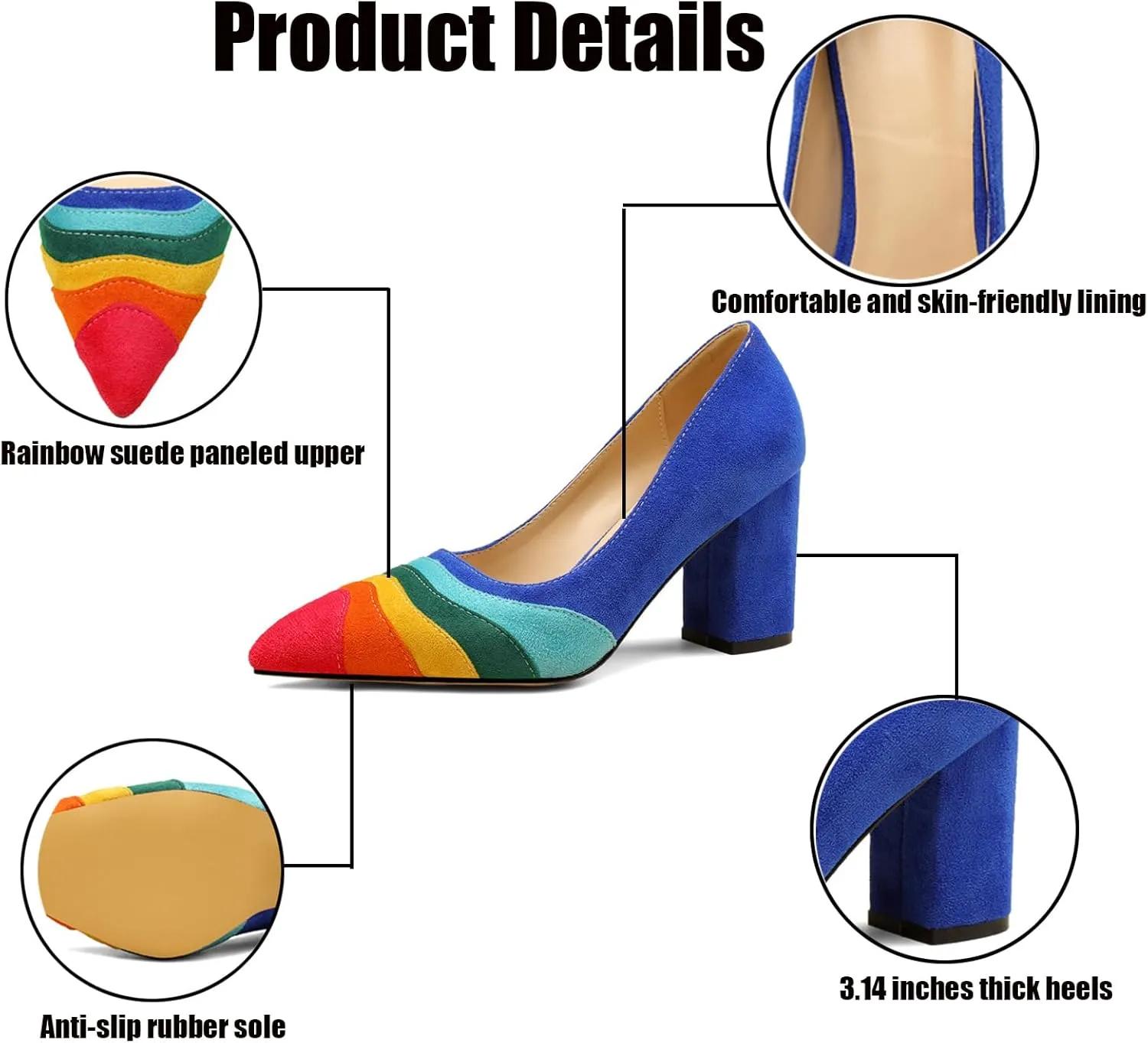 Women's Pointed Toe Rainbow Suede Pumps,Fashion Stitching Color Slip On Closed Toe Comfort Chunky Heeled Office Party Dress High Heel Shoes Classic Stilettos