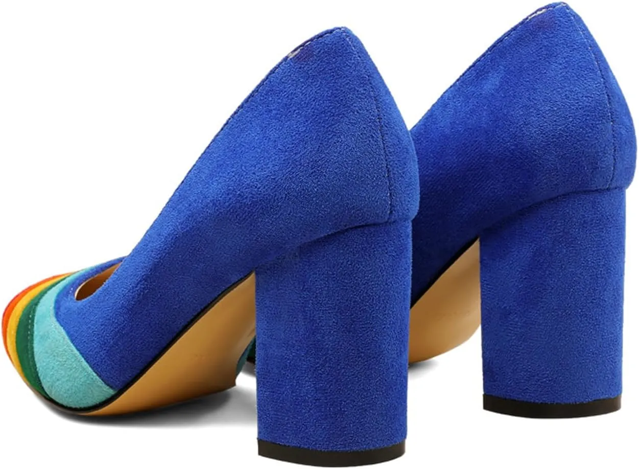 Women's Pointed Toe Rainbow Suede Pumps,Fashion Stitching Color Slip On Closed Toe Comfort Chunky Heeled Office Party Dress High Heel Shoes Classic Stilettos