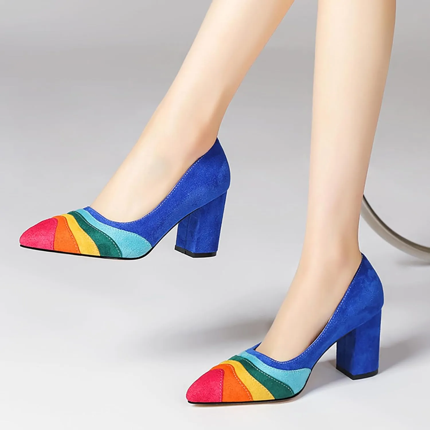 Women's Pointed Toe Rainbow Suede Pumps,Fashion Stitching Color Slip On Closed Toe Comfort Chunky Heeled Office Party Dress High Heel Shoes Classic Stilettos