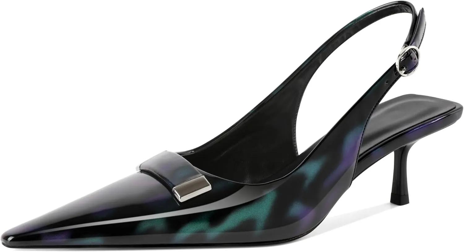 Women's Pointed Toe Slingback Heels Metal Buckle Ankle Strap Kitten Low Heel Pumps 2 Inch Stylish Retro Women Shoes
