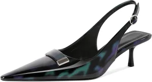 Women's Pointed Toe Slingback Heels Metal Buckle Ankle Strap Kitten Low Heel Pumps 2 Inch Stylish Retro Women Shoes