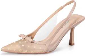Women's Pumps with Bow Slingback Heels for Women 3.2 Inch Stiletto Pointed Toe Heels Closed Toe Wedding Party Dress Mesh Pumps Shoes