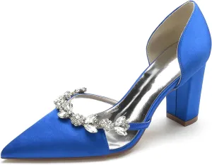 Women's Rhinestone Heel Dress Pumps Closed Pointed Toe Wedding Party Shoes Slip on Bridal Shoes Satin Court Shoes