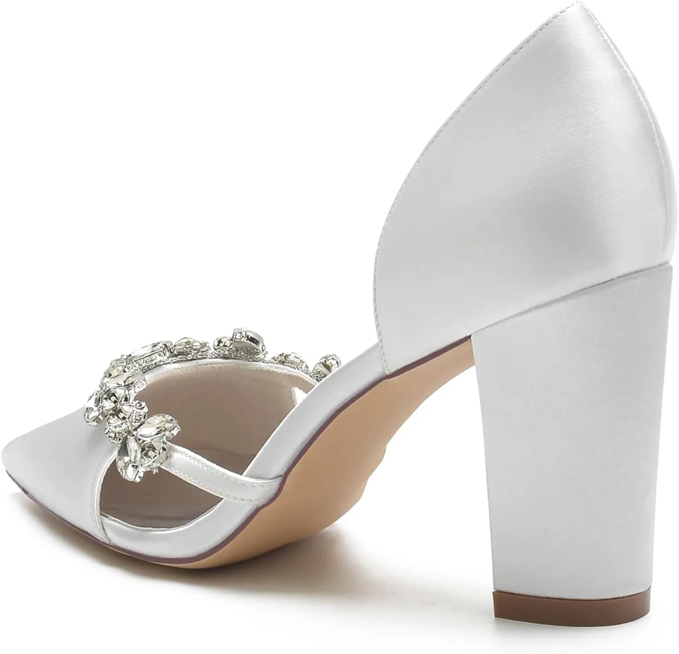 Women's Rhinestone Heel Dress Pumps Closed Pointed Toe Wedding Party Shoes Slip on Bridal Shoes Satin Court Shoes