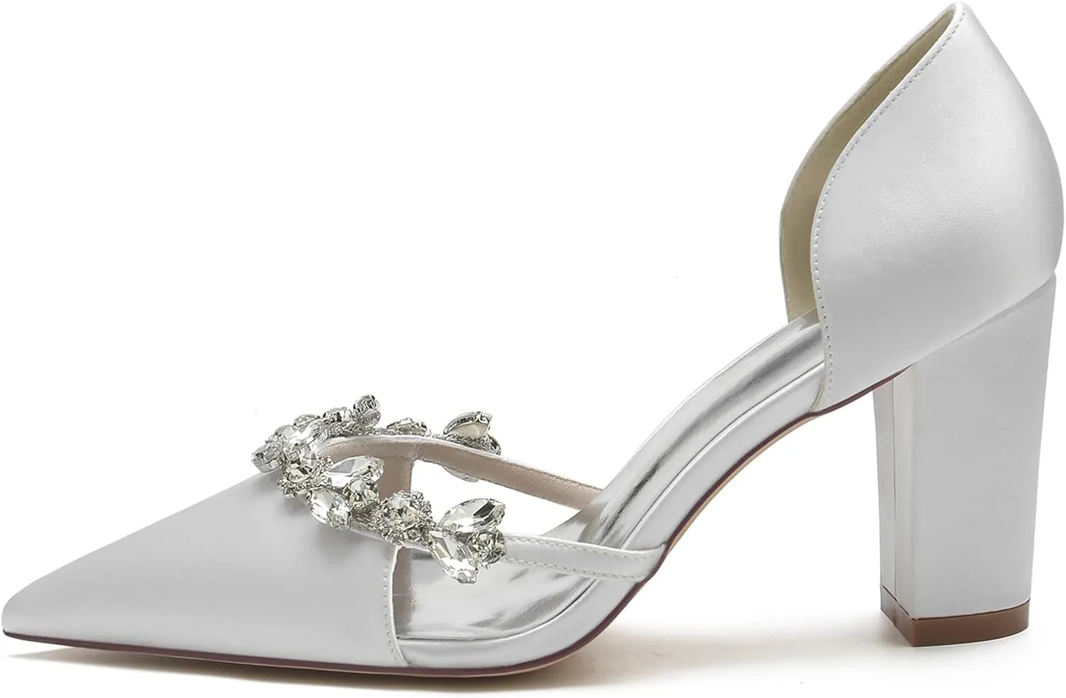Women's Rhinestone Heel Dress Pumps Closed Pointed Toe Wedding Party Shoes Slip on Bridal Shoes Satin Court Shoes