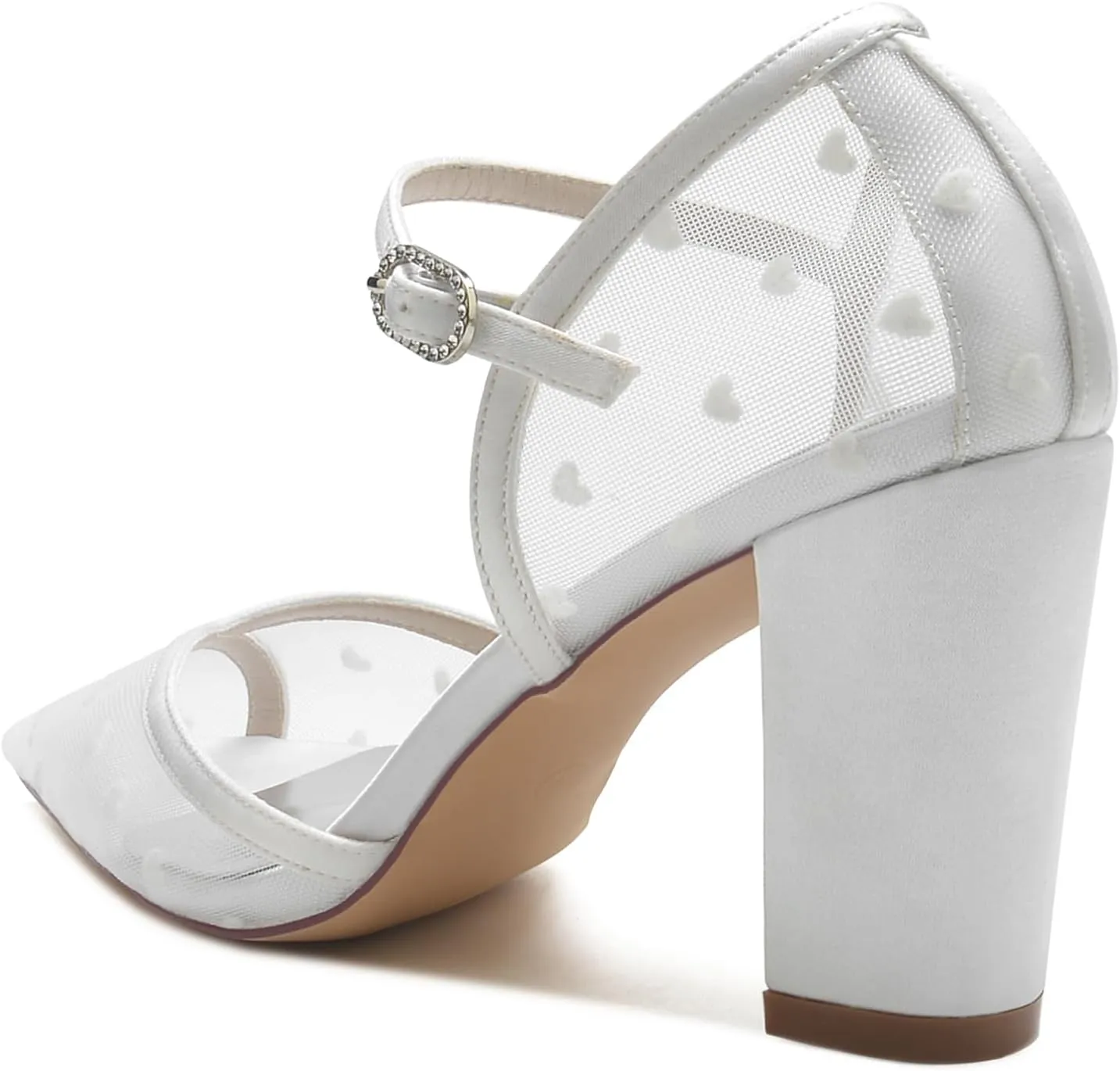 Women's Satin Mesh Block Chunky Heel Wedding Shoes Ankle Strap Prom Pumps Bride Closed Pointed Toe Party Dress Shoes