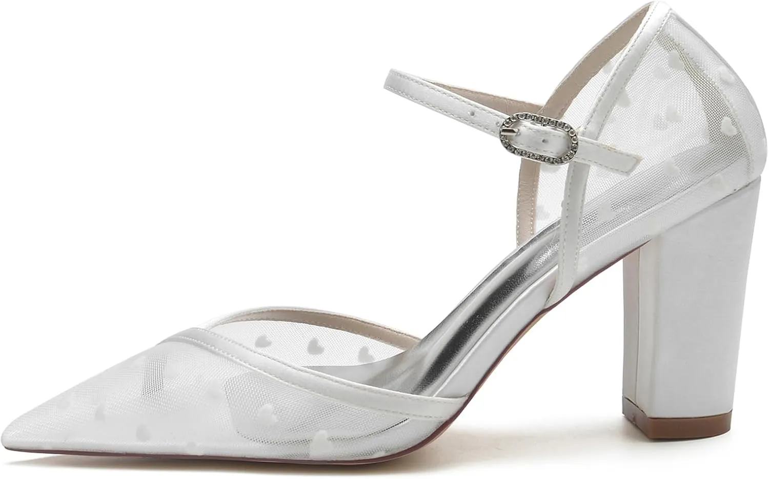 Women's Satin Mesh Block Chunky Heel Wedding Shoes Ankle Strap Prom Pumps Bride Closed Pointed Toe Party Dress Shoes