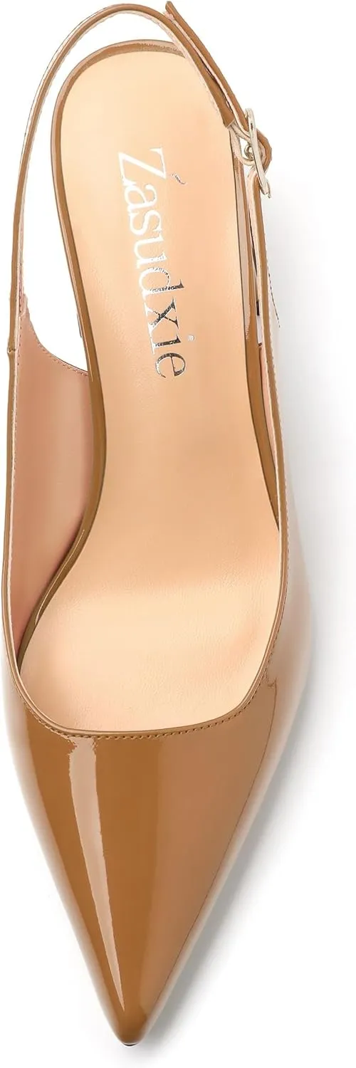 Women's Slingback Mid Block Heel Pumps Patent Pointed Toe Chunky Heels Adjustable Strap Comfort Wedding Dress Pumps Shoes 2.5 Inch