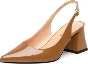 Women's Slingback Mid Block Heel Pumps Patent Pointed Toe Chunky Heels Adjustable Strap Comfort Wedding Dress Pumps Shoes 2.5 Inch