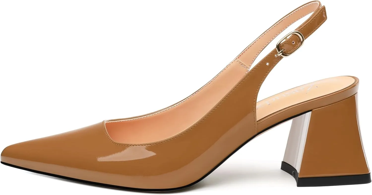 Women's Slingback Mid Block Heel Pumps Patent Pointed Toe Chunky Heels Adjustable Strap Comfort Wedding Dress Pumps Shoes 2.5 Inch