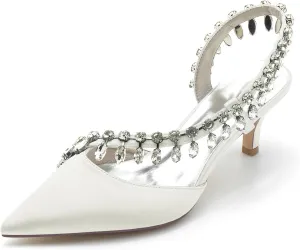 Women's Slingback Wedding Shoes for Bridal Mid Heel Heels Sandals with Crystal Pointed Closed Toe Evening Dress Pumps