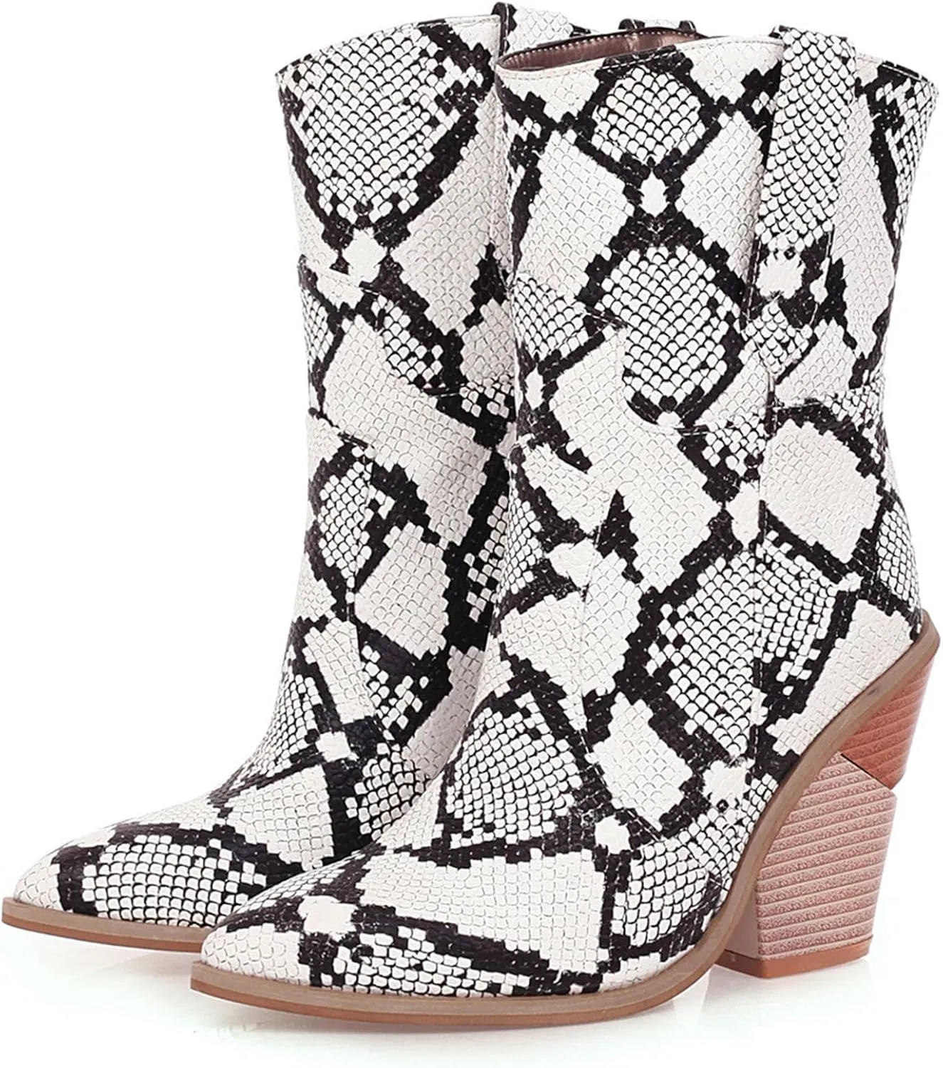 Women's Snake Skin Wedge Ankle Booties Stacked Chunky High Heels Western Cowboy Boots Snakeskin Print Cowgirl Boot