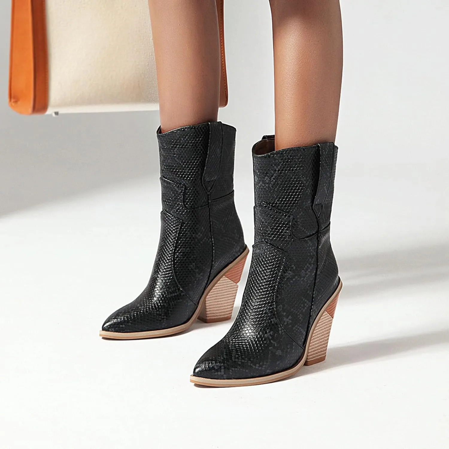 Women's Snake Skin Wedge Ankle Booties Stacked Chunky High Heels Western Cowboy Boots Snakeskin Print Cowgirl Boot