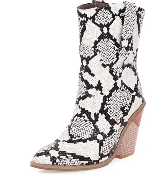 Women's Snake Skin Wedge Ankle Booties Stacked Chunky High Heels Western Cowboy Boots Snakeskin Print Cowgirl Boot