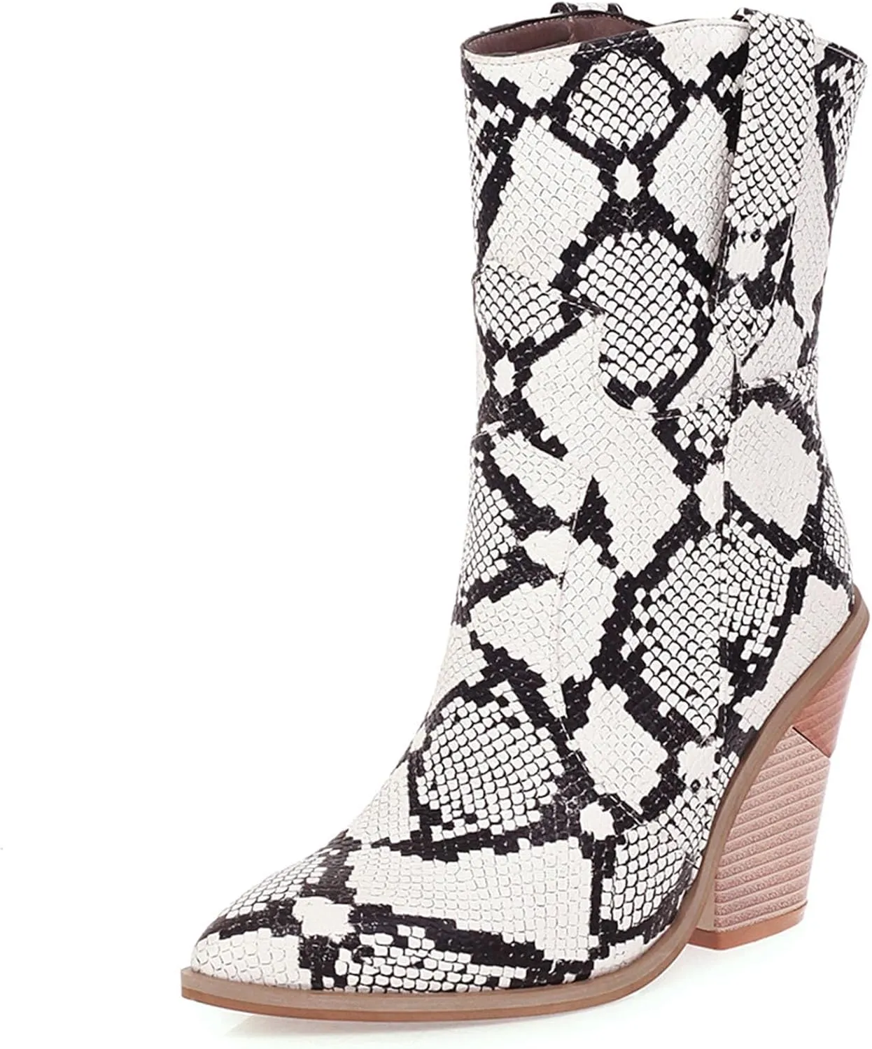 Women's Snake Skin Wedge Ankle Booties Stacked Chunky High Heels Western Cowboy Boots Snakeskin Print Cowgirl Boot