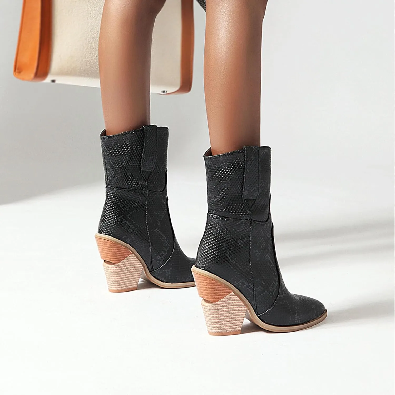 Women's Snake Skin Wedge Ankle Booties Stacked Chunky High Heels Western Cowboy Boots Snakeskin Print Cowgirl Boot