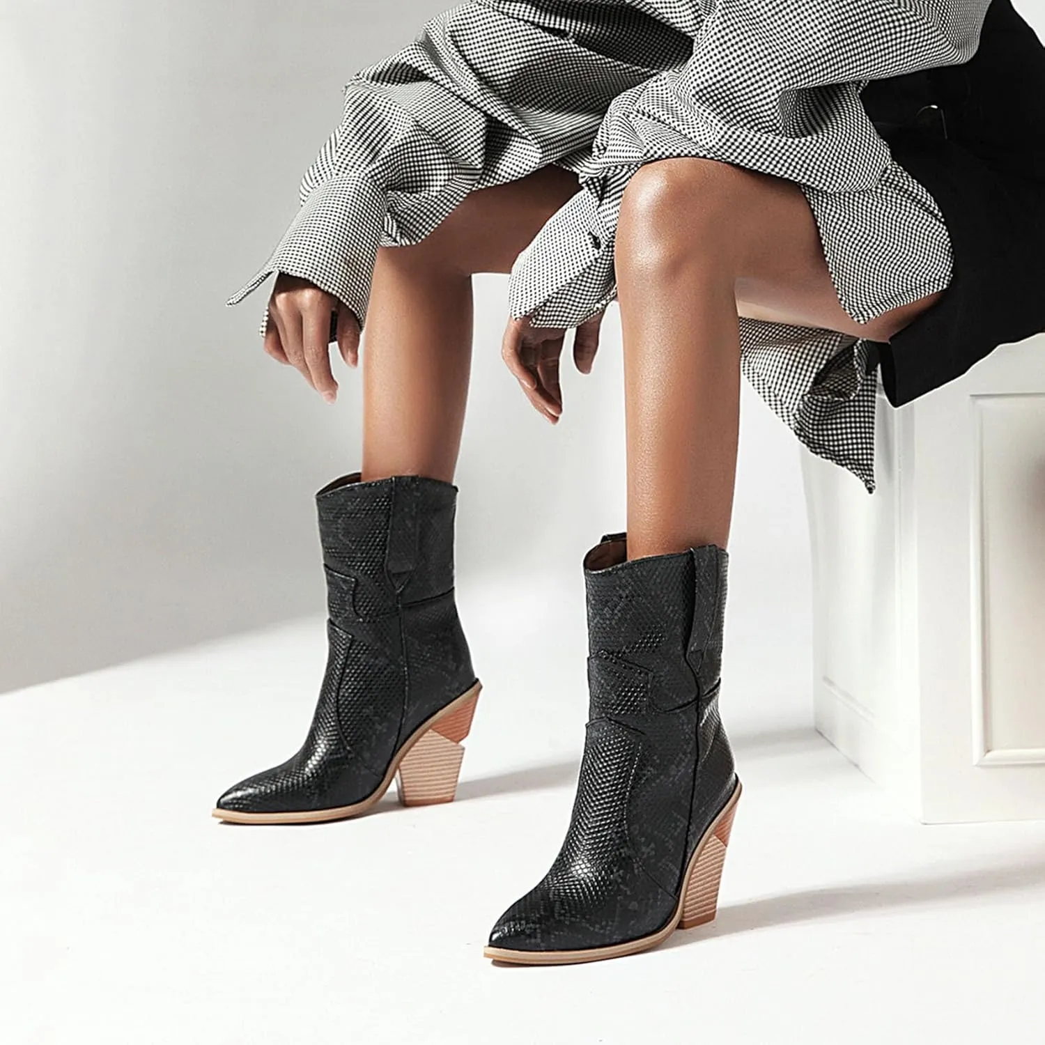 Women's Snake Skin Wedge Ankle Booties Stacked Chunky High Heels Western Cowboy Boots Snakeskin Print Cowgirl Boot