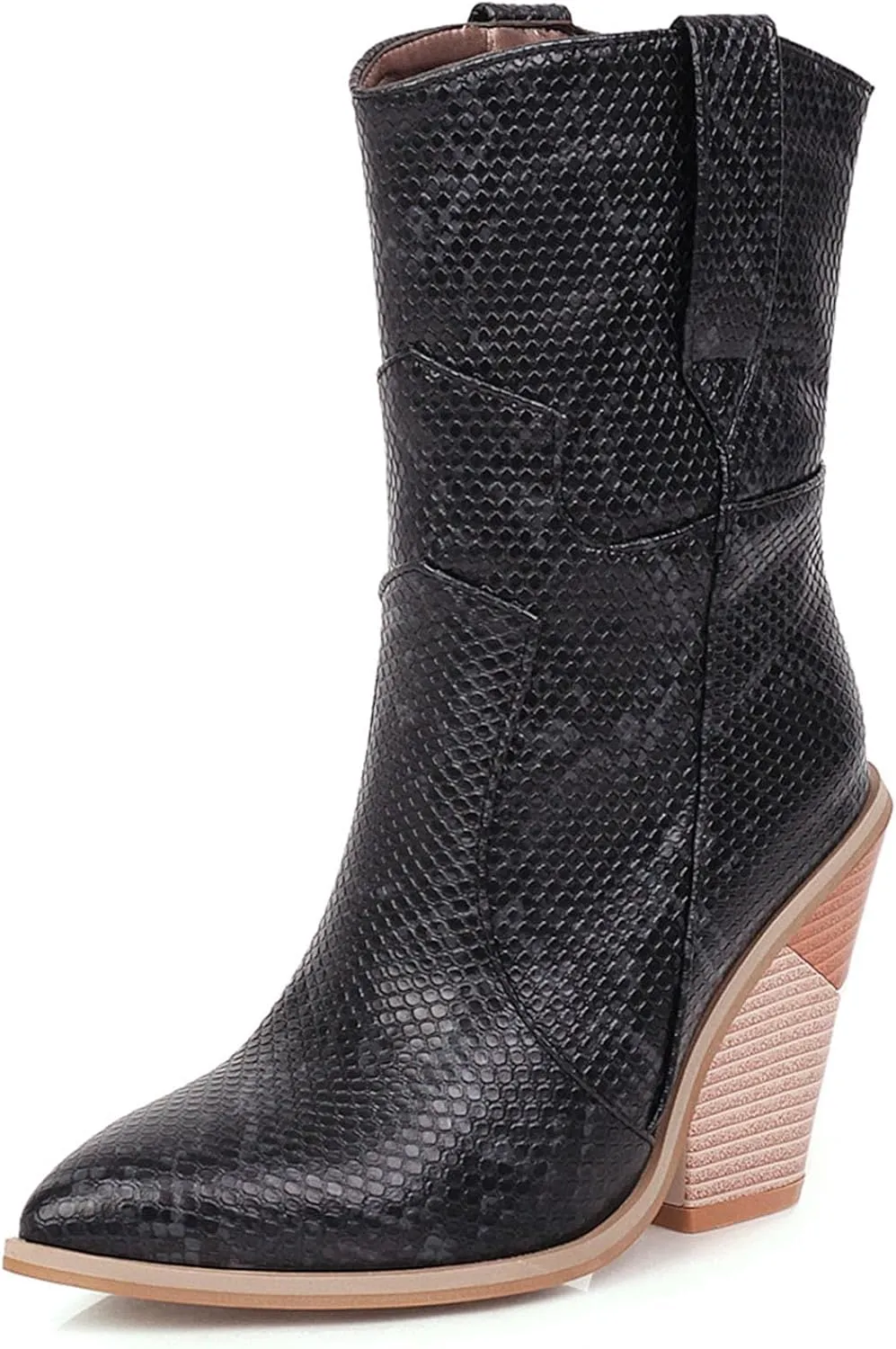 Women's Snake Skin Wedge Ankle Booties Stacked Chunky High Heels Western Cowboy Boots Snakeskin Print Cowgirl Boot