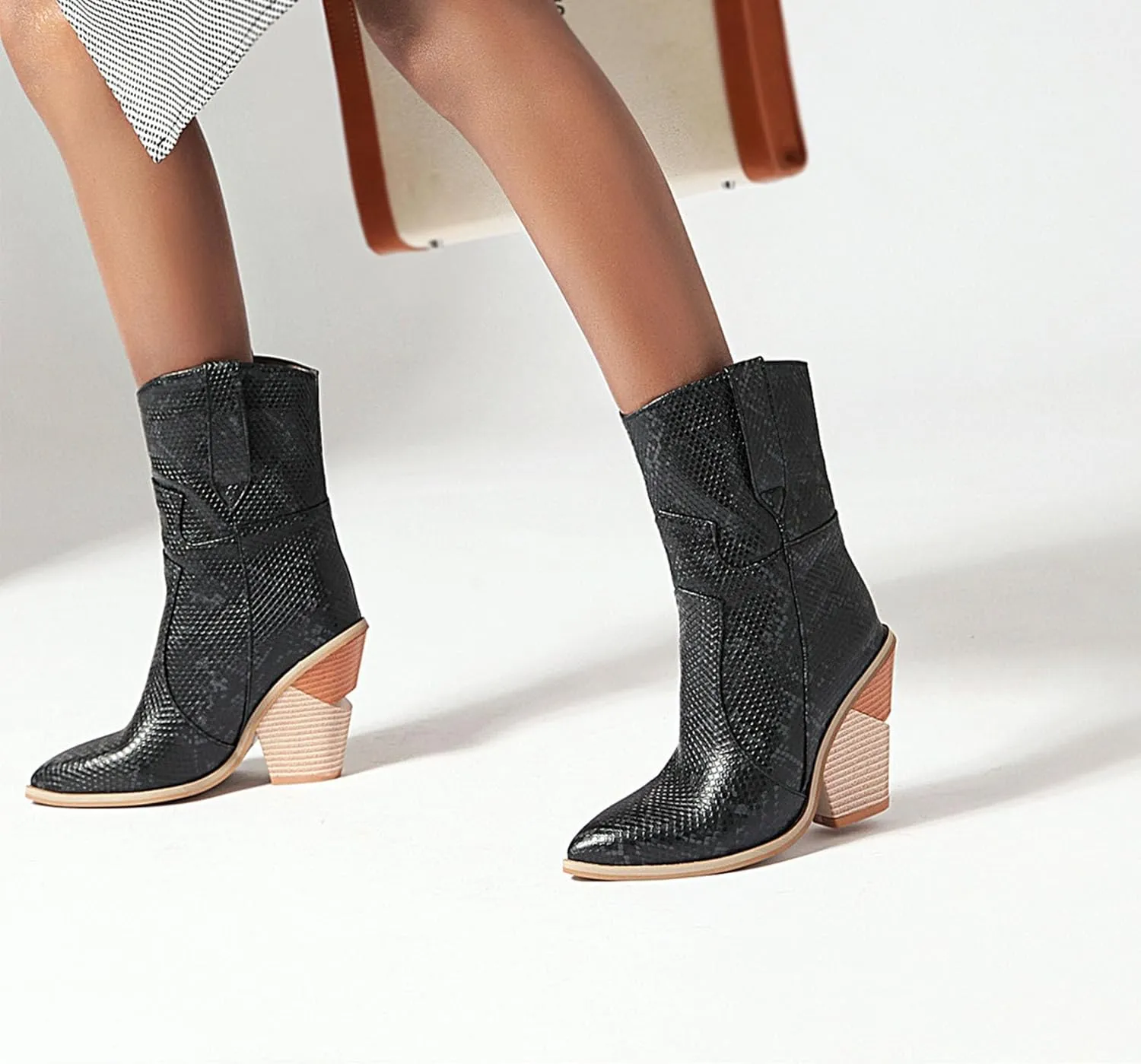 Women's Snake Skin Wedge Ankle Booties Stacked Chunky High Heels Western Cowboy Boots Snakeskin Print Cowgirl Boot
