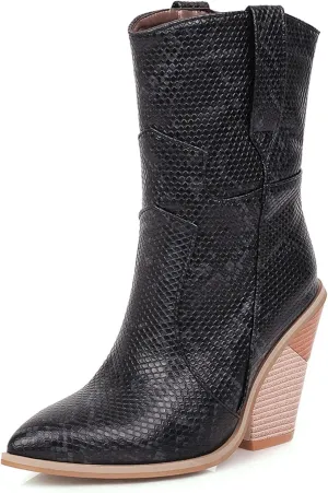 Women's Snake Skin Wedge Ankle Booties Stacked Chunky High Heels Western Cowboy Boots Snakeskin Print Cowgirl Boot