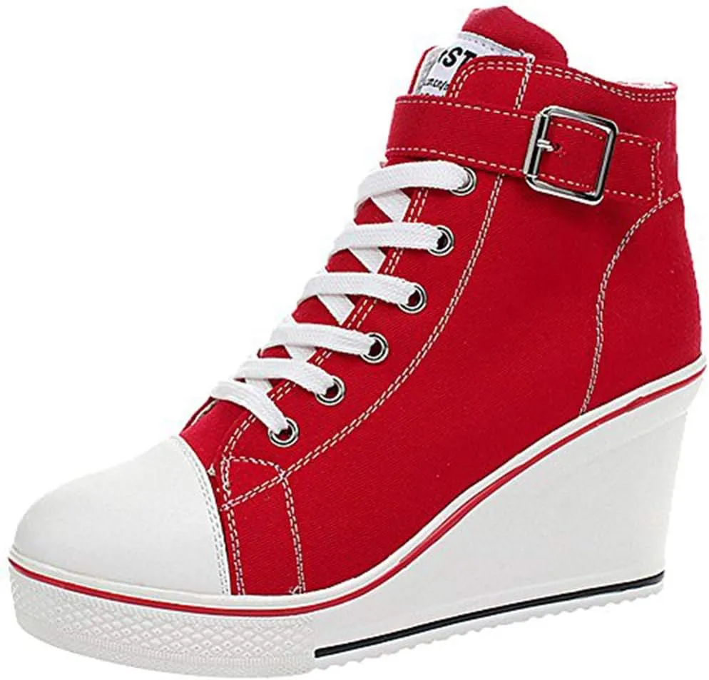 Women's Sneaker Shoes High Heel Fashionable Canvas Shoes High Tube Lace Up Wedge Edge Zipper Slope Angle Shoes Size 4-11