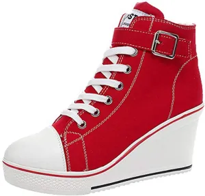 Women's Sneaker Shoes High Heel Fashionable Canvas Shoes High Tube Lace Up Wedge Edge Zipper Slope Angle Shoes Size 4-11