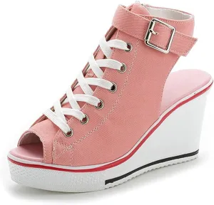 Women's Sneaker Shoes High Heel Fashionable Canvas Shoes High Tube Lace Up Wedge Edge Zipper Slope Angle Shoes Size 4-11