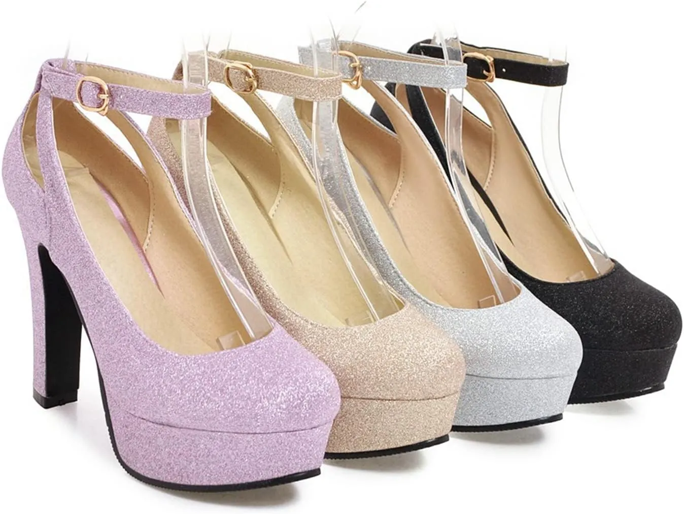 Women's Sparkly Dress Pumps Cutout Ankle Buckle Strap Round Toe Fashion Platform High Heel Shoes
