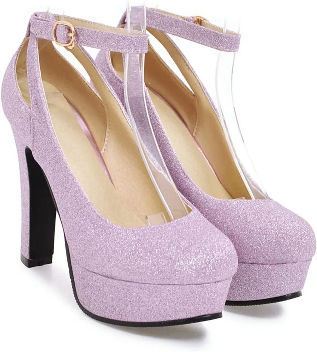 Women's Sparkly Dress Pumps Cutout Ankle Buckle Strap Round Toe Fashion Platform High Heel Shoes