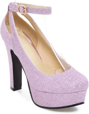 Women's Sparkly Dress Pumps Cutout Ankle Buckle Strap Round Toe Fashion Platform High Heel Shoes
