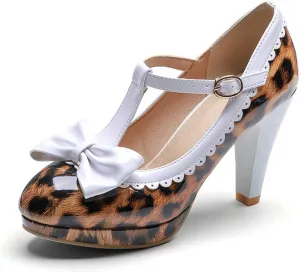 Women's T-Strap Mary Jane Shoes Round Toe Adorable Bows Buckle High Cone Heel Printed Dress Pumps