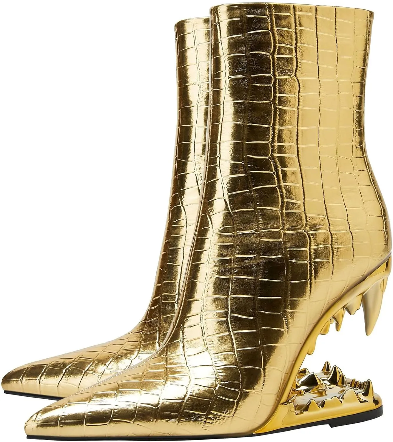 Women's Tiger Tooth Slip On High Heels Pointed Toe Mirror Leather Comfort Pumps Shoes Stone Pattern Special Shape Heel Wedge Gold Large Size Plaid Fashion Boots