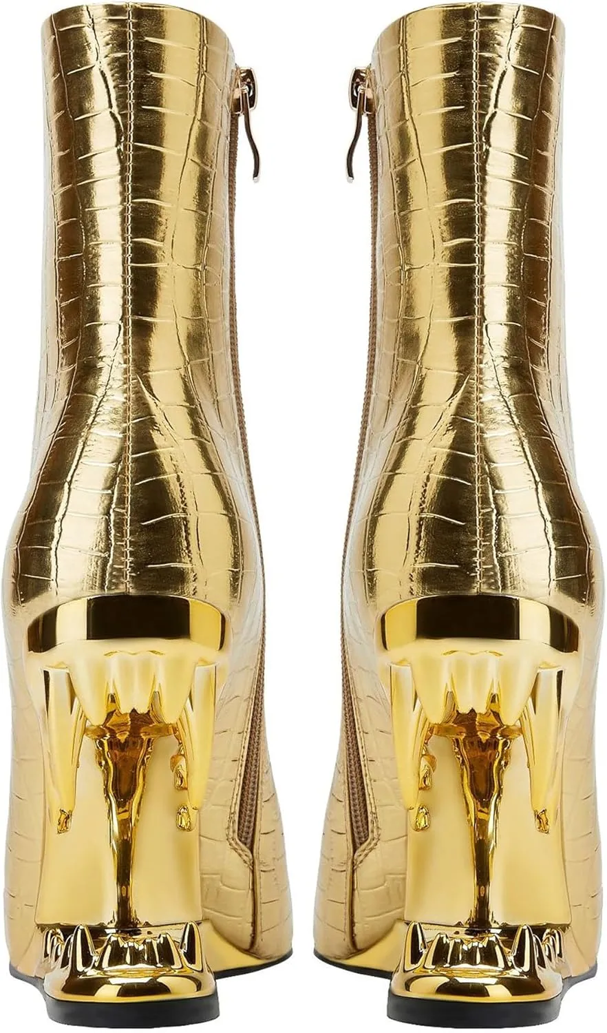 Women's Tiger Tooth Slip On High Heels Pointed Toe Mirror Leather Comfort Pumps Shoes Stone Pattern Special Shape Heel Wedge Gold Large Size Plaid Fashion Boots