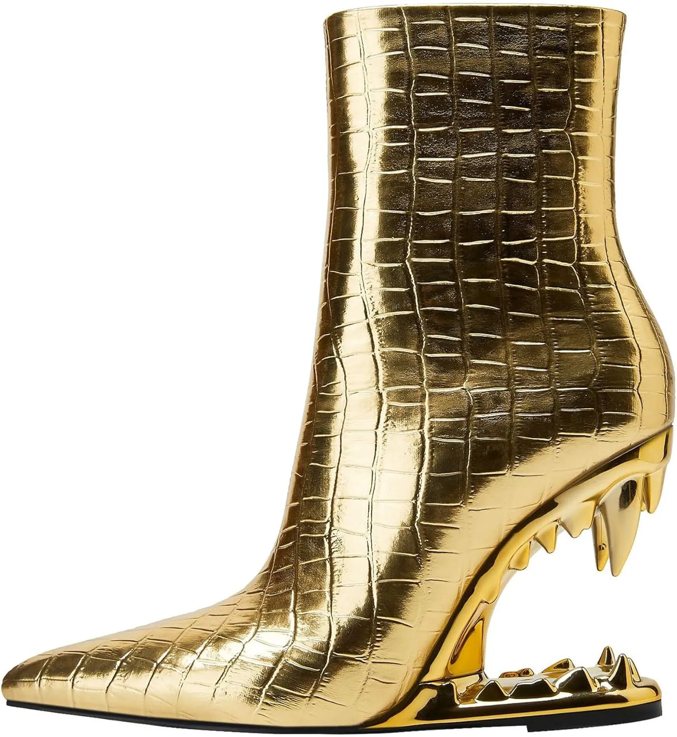 Women's Tiger Tooth Slip On High Heels Pointed Toe Mirror Leather Comfort Pumps Shoes Stone Pattern Special Shape Heel Wedge Gold Large Size Plaid Fashion Boots
