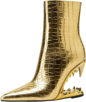 Women's Tiger Tooth Slip On High Heels Pointed Toe Mirror Leather Comfort Pumps Shoes Stone Pattern Special Shape Heel Wedge Gold Large Size Plaid Fashion Boots