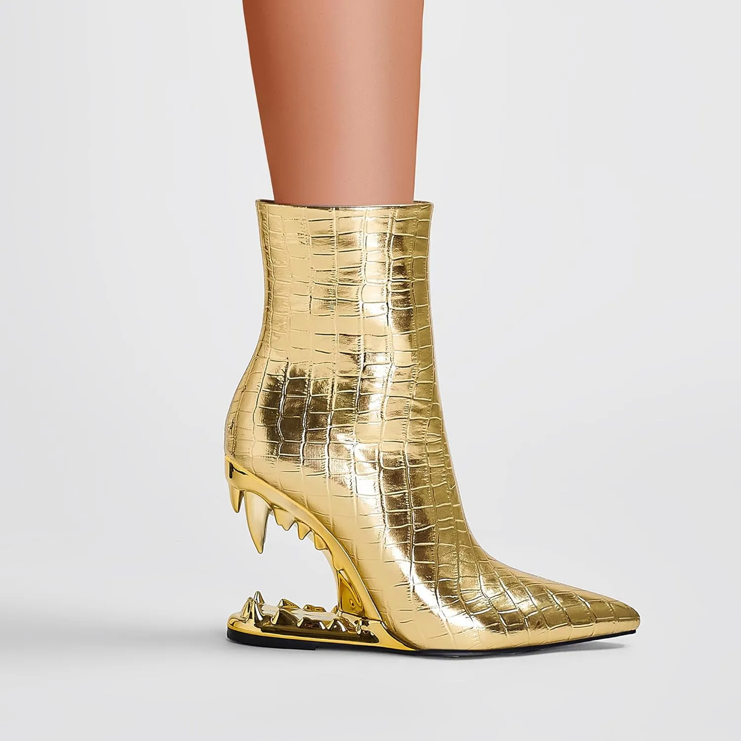 Women's Tiger Tooth Slip On High Heels Pointed Toe Mirror Leather Comfort Pumps Shoes Stone Pattern Special Shape Heel Wedge Gold Large Size Plaid Fashion Boots
