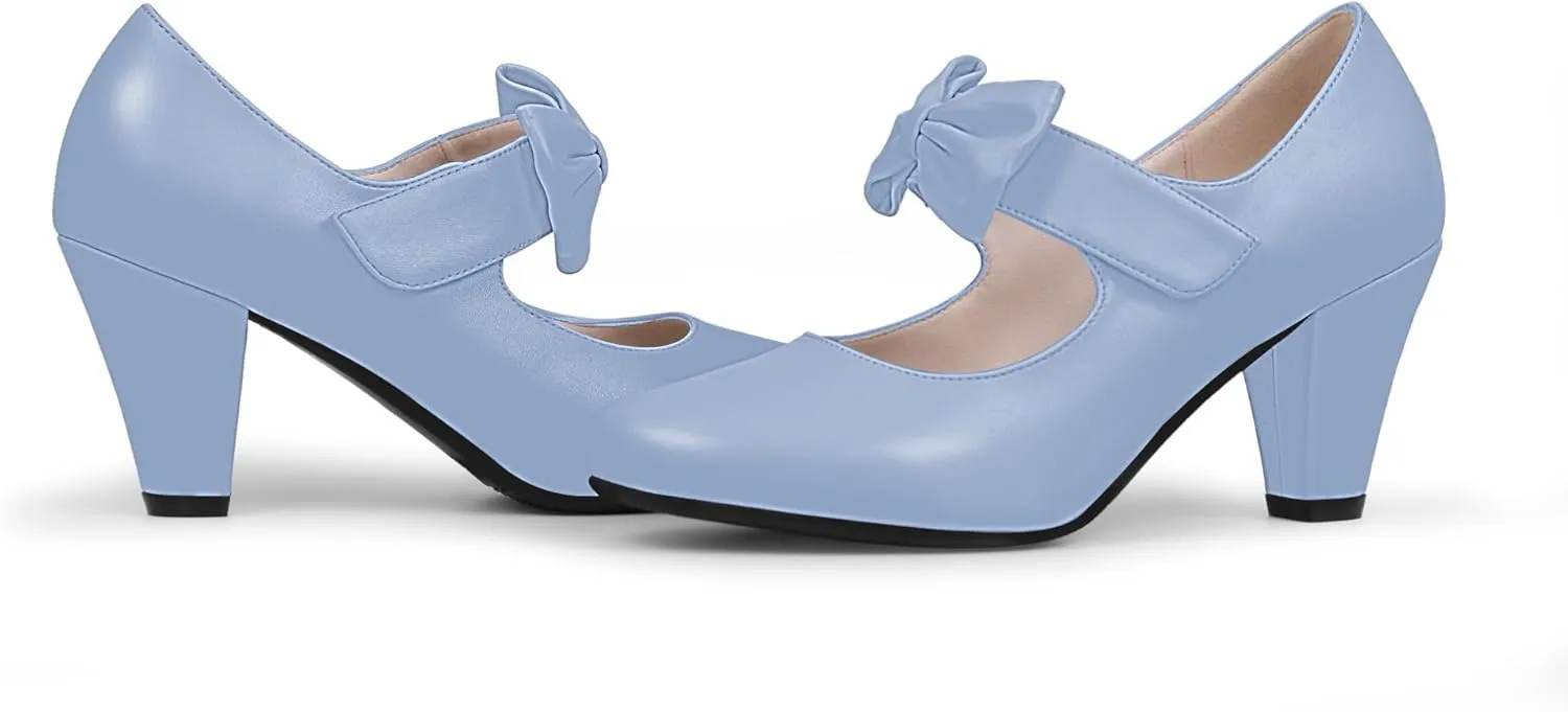 Women's Vintage Bow Round Toe Block High Heel Ankle Strap Cute Mary Janes Pumps