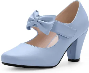 Women's Vintage Bow Round Toe Block High Heel Ankle Strap Cute Mary Janes Pumps