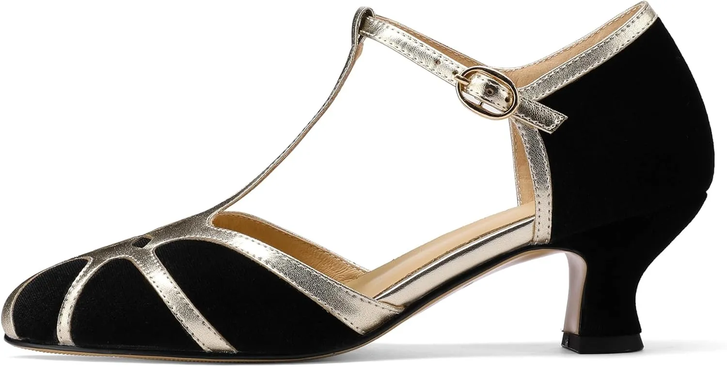 Women's Vintage T-Strap Low Pumps Comfortable Kitten Heel, Closed Toe