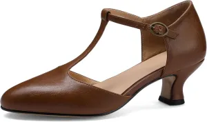 Women's Vintage T-Strap Low Pumps Comfortable Kitten Heel, Closed Toe