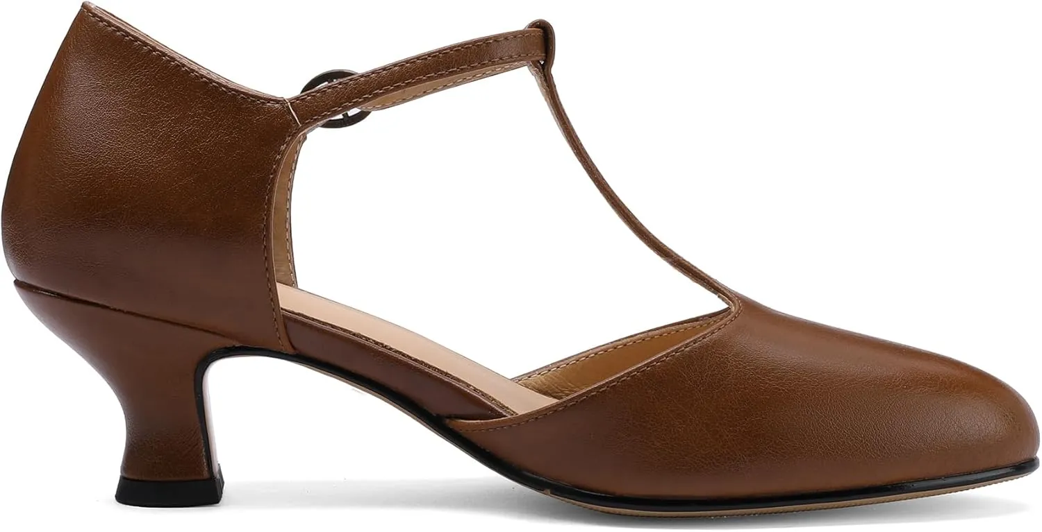 Women's Vintage T-Strap Low Pumps Comfortable Kitten Heel, Closed Toe
