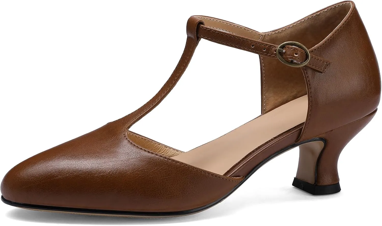 Women's Vintage T-Strap Low Pumps Comfortable Kitten Heel, Closed Toe