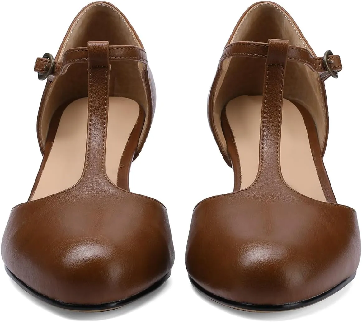 Women's Vintage T-Strap Low Pumps Comfortable Kitten Heel, Closed Toe