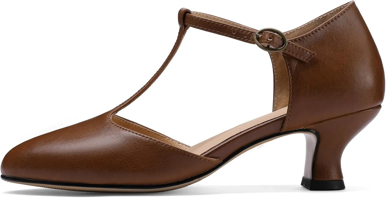 Women's Vintage T-Strap Low Pumps Comfortable Kitten Heel, Closed Toe