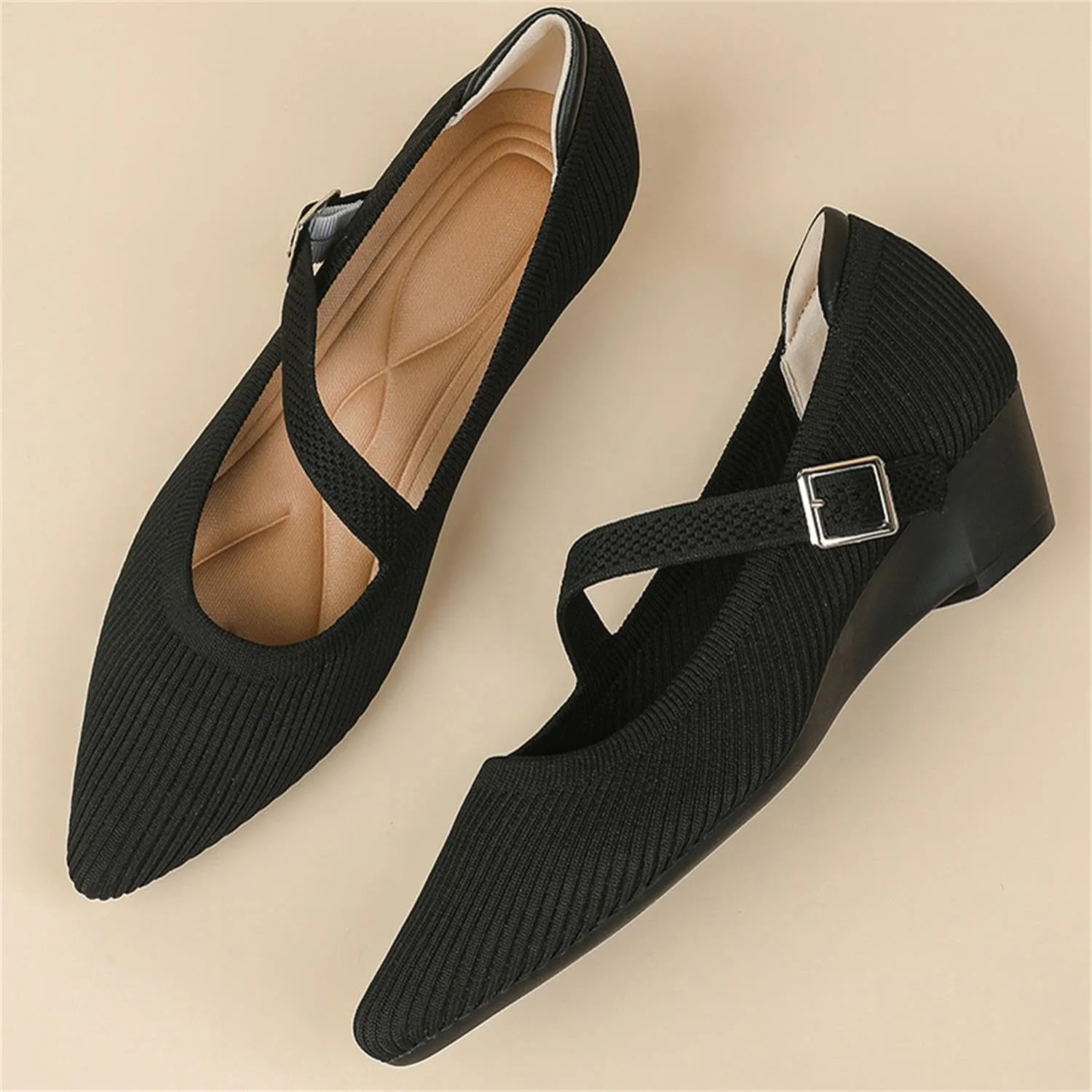 Women's Wedge Block Heel Pumps Ladies Breathable Weave Casual Shoes Buckle Strap Mary Janes