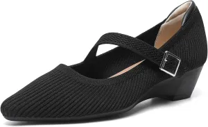 Women's Wedge Block Heel Pumps Ladies Breathable Weave Casual Shoes Buckle Strap Mary Janes