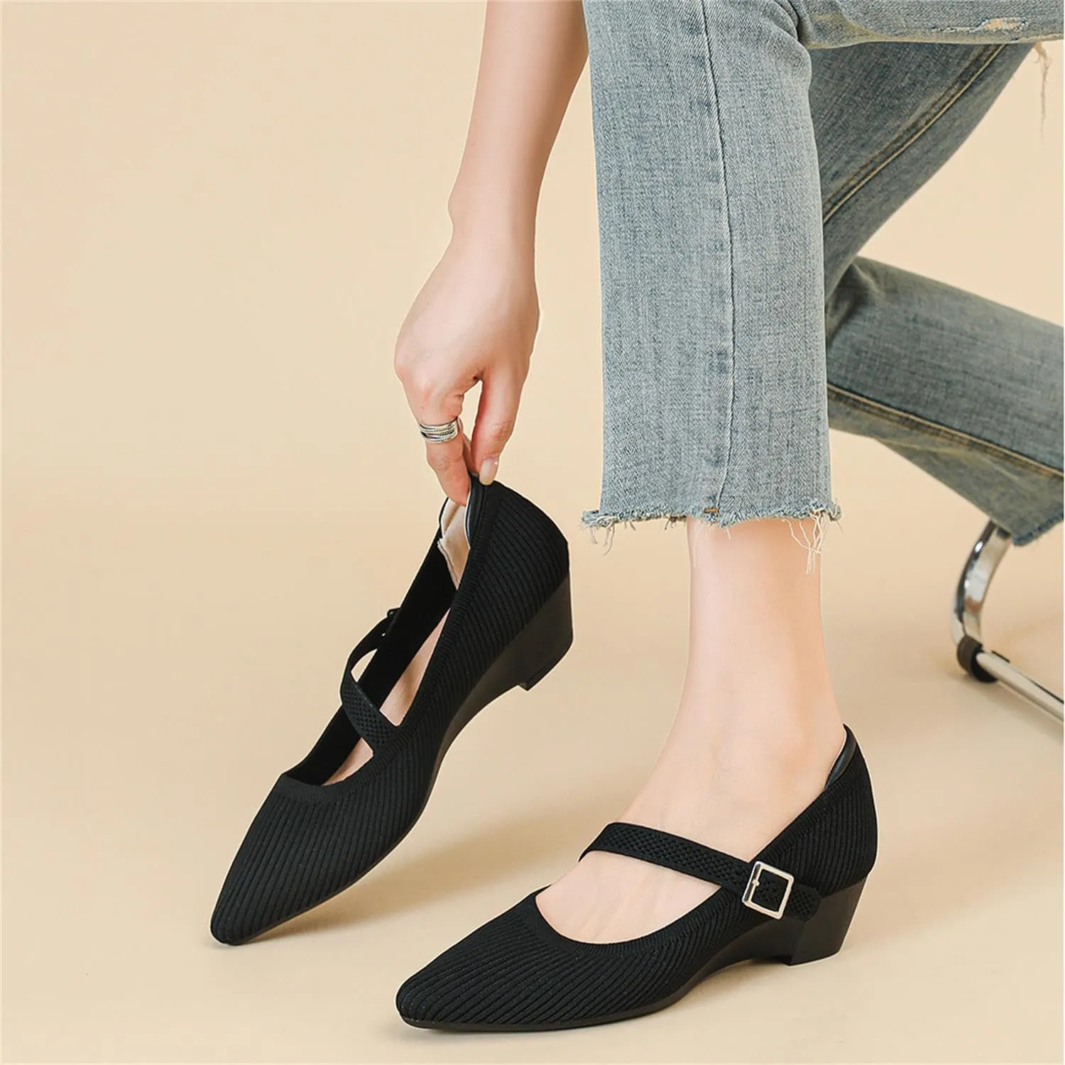 Women's Wedge Block Heel Pumps Ladies Breathable Weave Casual Shoes Buckle Strap Mary Janes