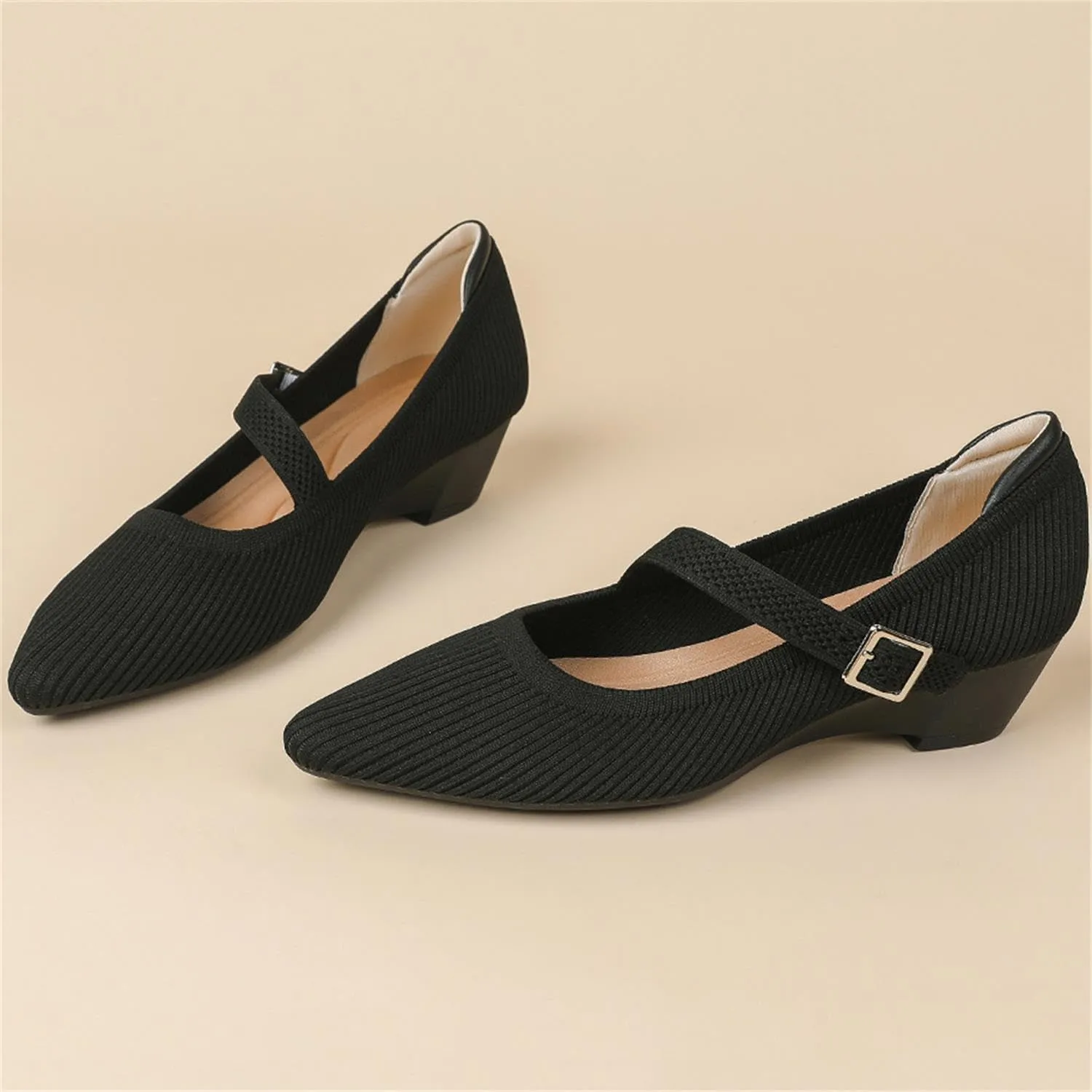 Women's Wedge Block Heel Pumps Ladies Breathable Weave Casual Shoes Buckle Strap Mary Janes