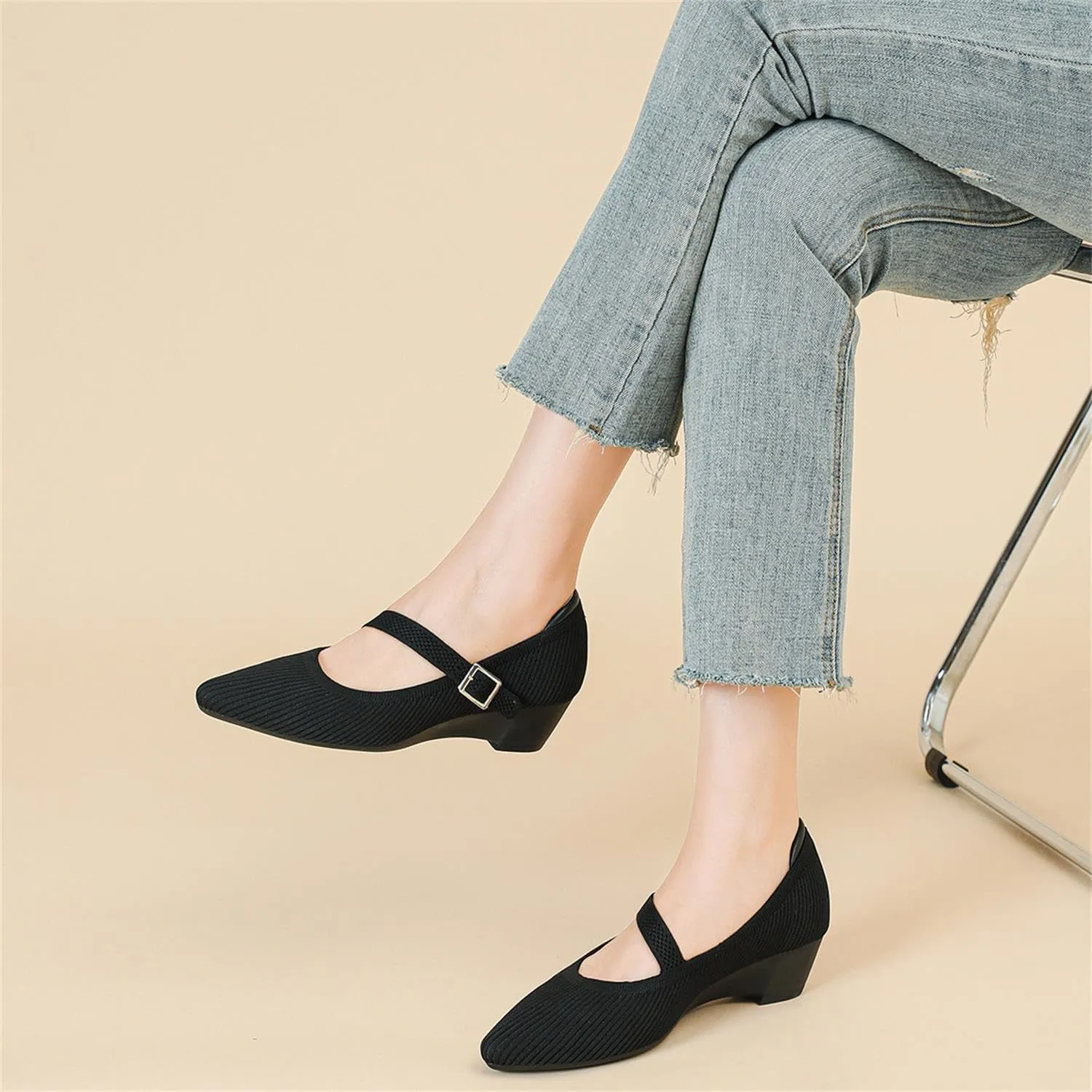Women's Wedge Block Heel Pumps Ladies Breathable Weave Casual Shoes Buckle Strap Mary Janes